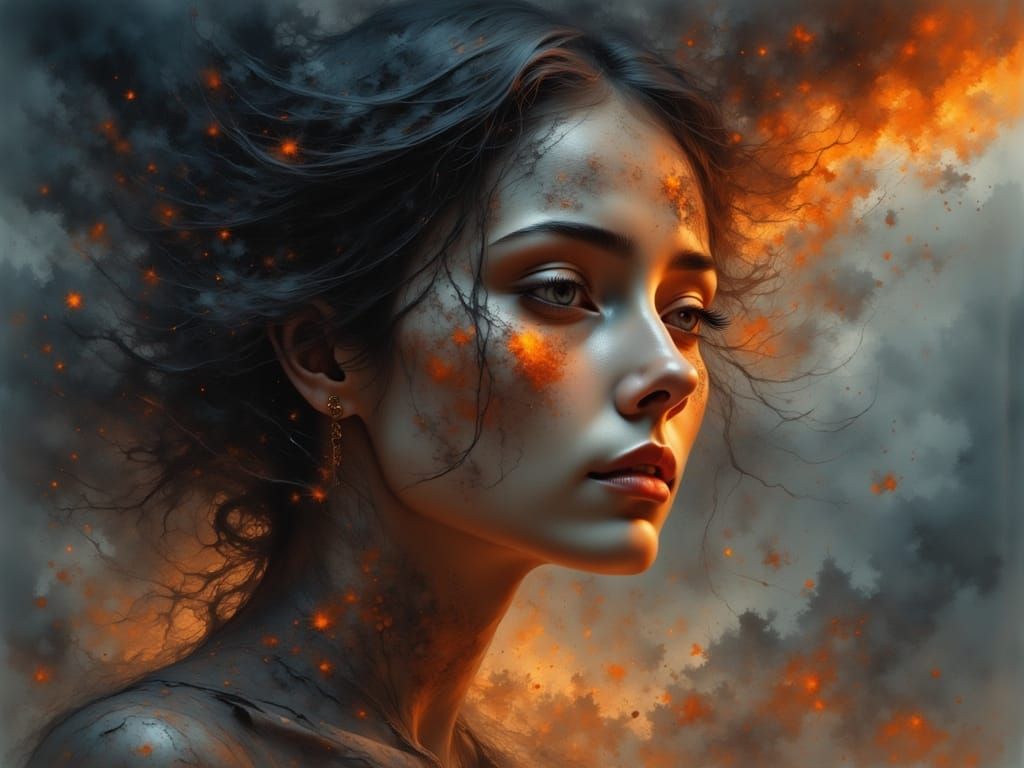 Woman Reflects Fiery Sky: Hyper-Realistic Digital Portrait