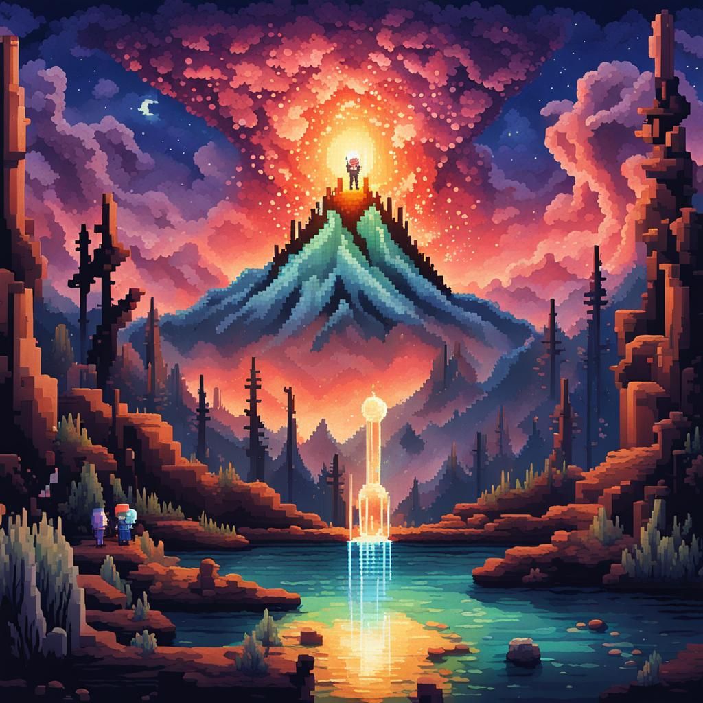 Mystical Glass Creature in Pixel Art Aurora Landscape