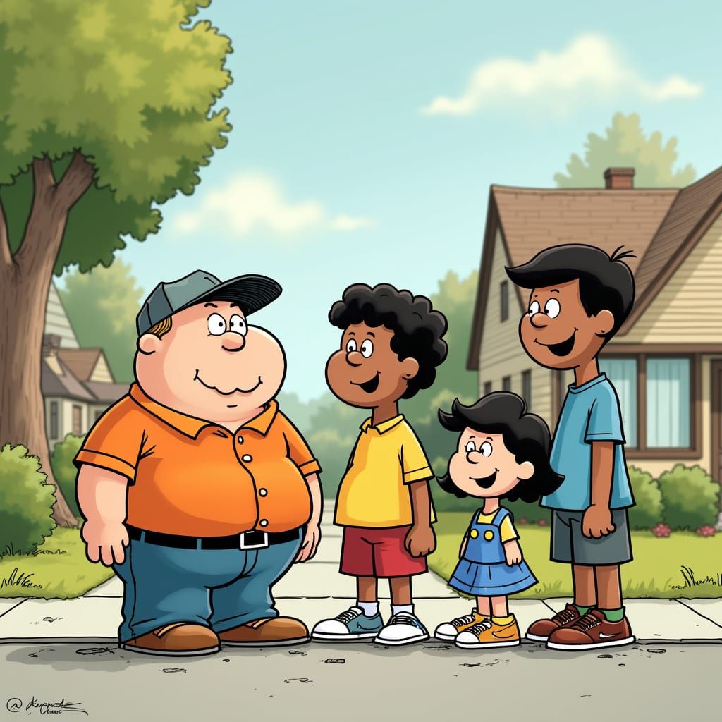 Nostalgic Cartoon Characters in a Peaceful Suburban Setting