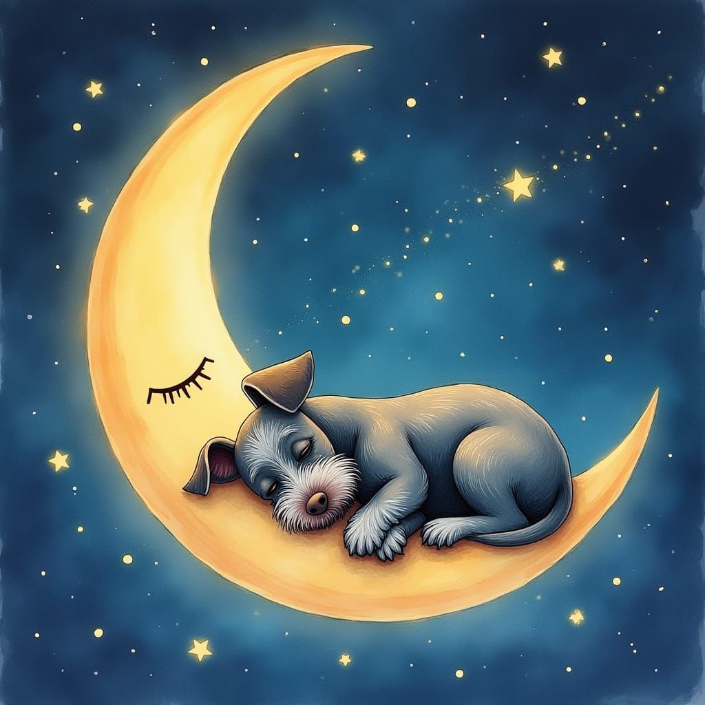 Sleeping Moon with Schnauzer in Watercolor Style