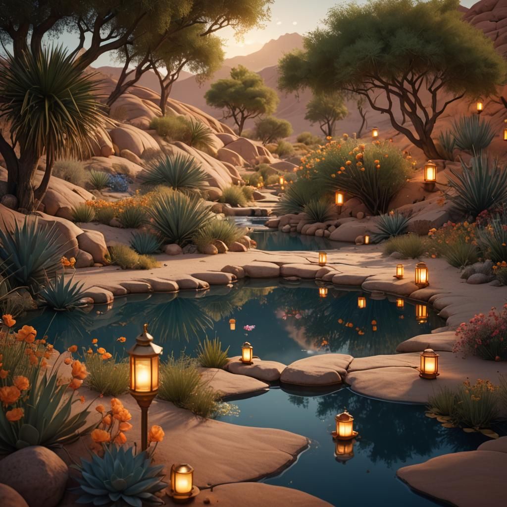 Tranquil Desert Oasis with Blue Pond, Digital Matte Painting