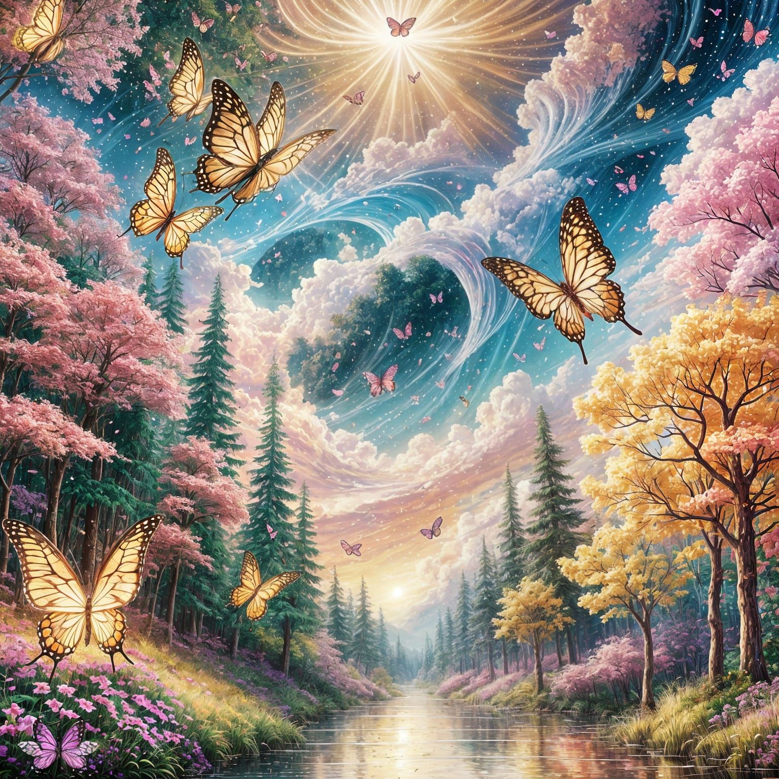 Breast Cancer Ribbon Forest with Butterflies: 3D Painting