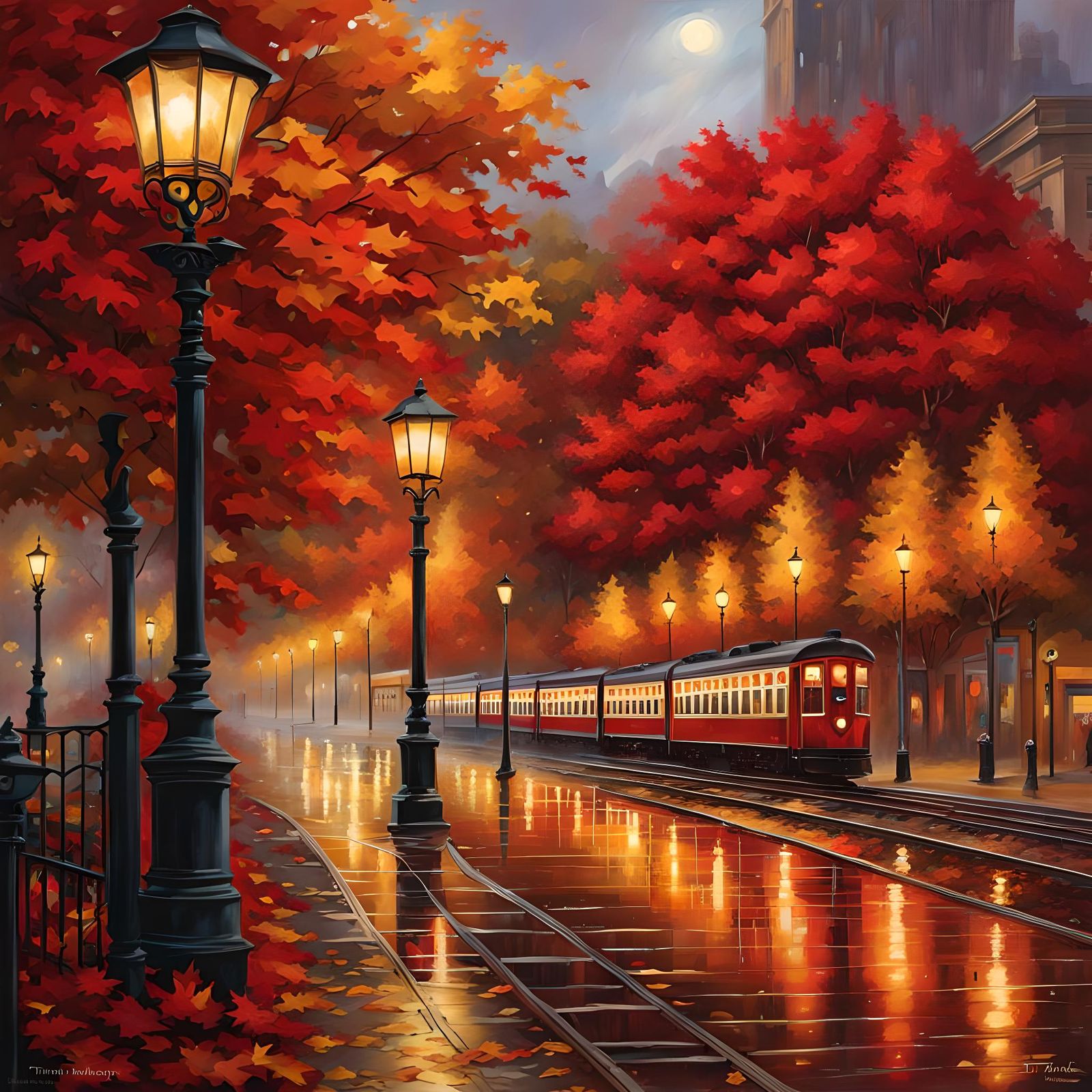 Rainy Autumn Train Station in Hyperrealism Style