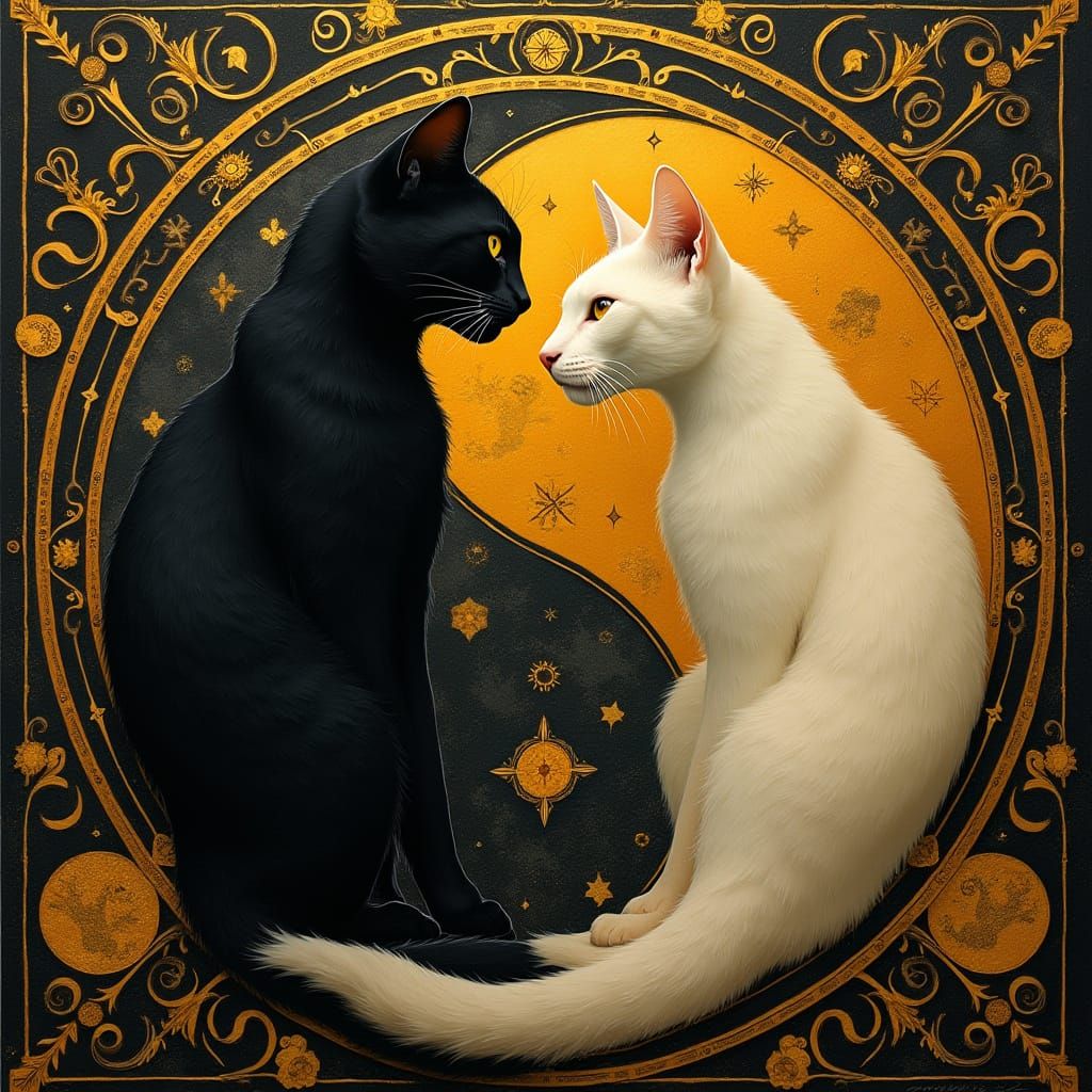 Duality of Existence: Yin Yang Cats in Art Nouveau Style