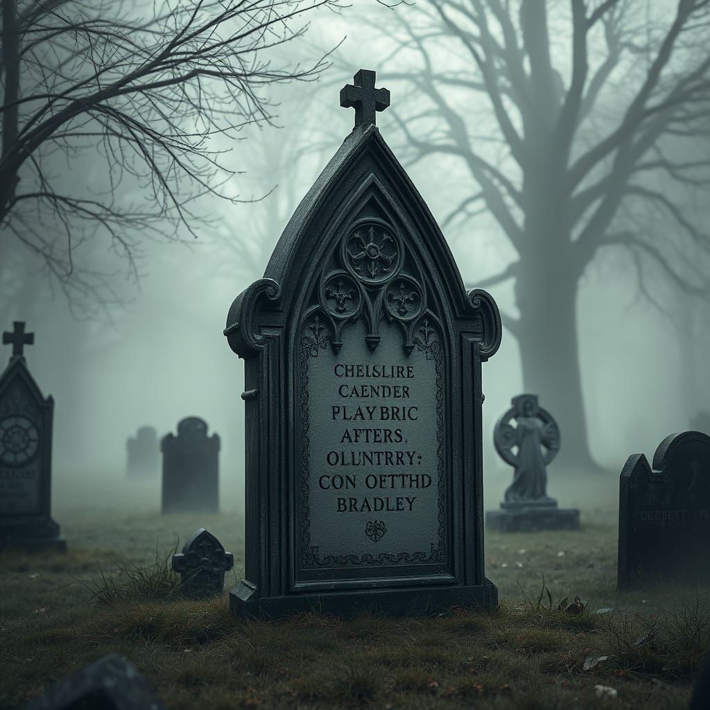 Misty Graveyard Headstone with Gothic Carvings