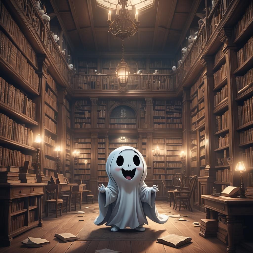 Cute Chibi Ghost Fails to Scare Mouse in Haunted Library