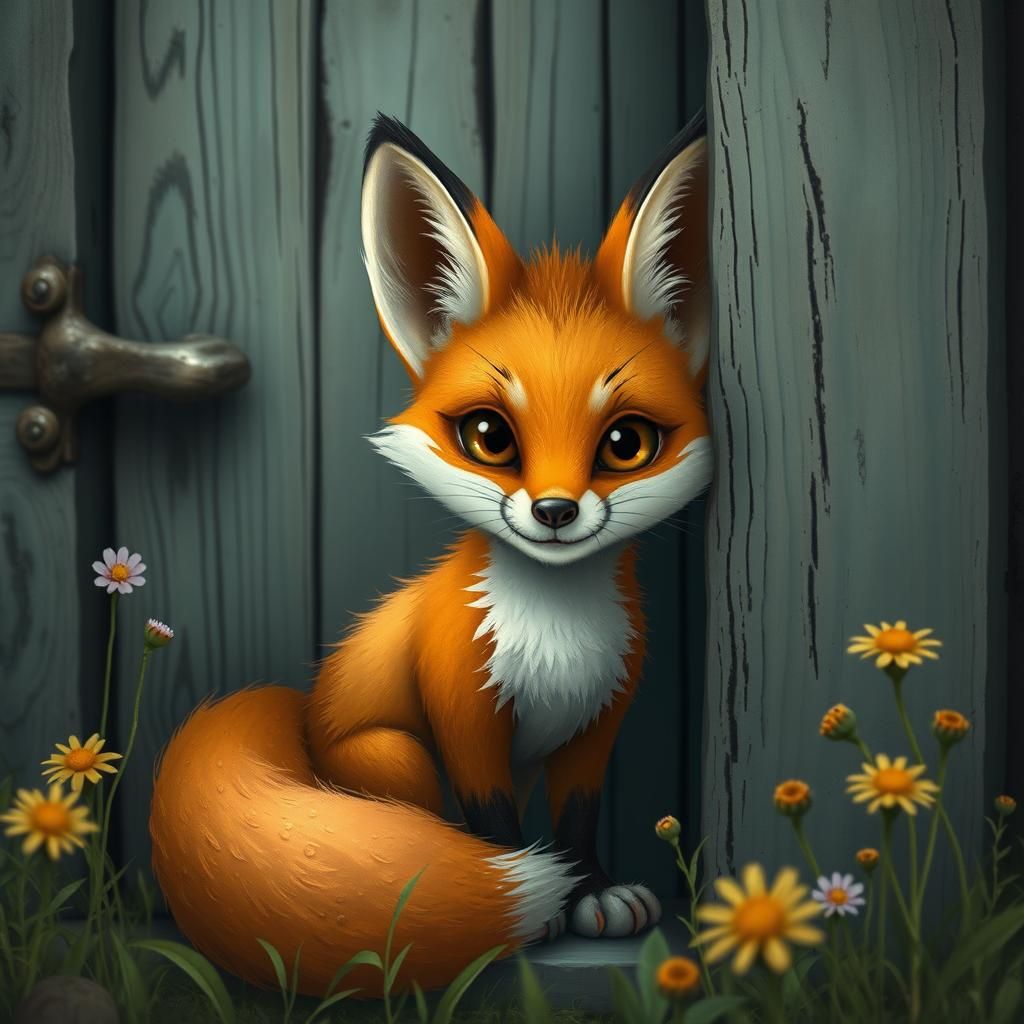 A playful little cute fox peeks out from the door