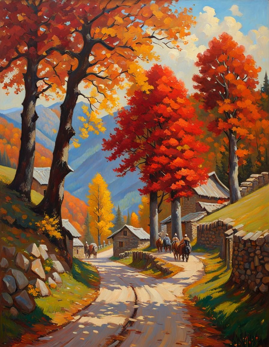 Autumn Mountain Village in Oil Painting Style