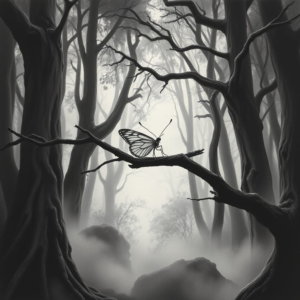 Butterfly Perched on Twisted Branch in Haunting Charcoal Lan...