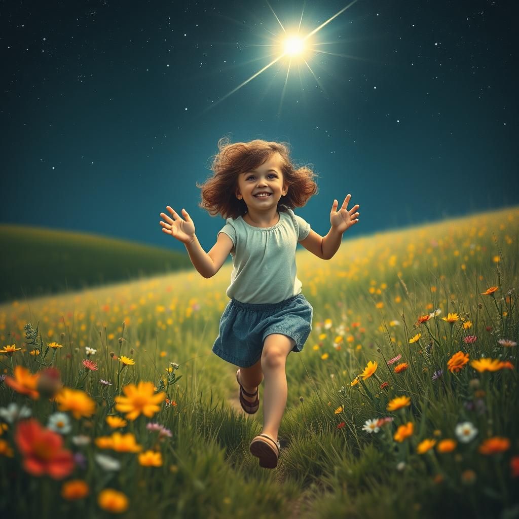 Girl Chasing Star in Dreamy Meadow