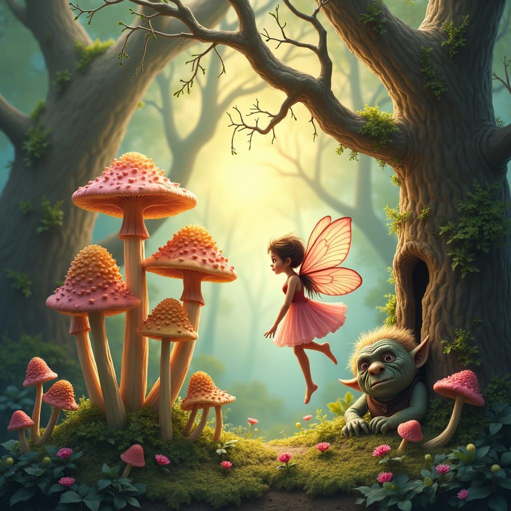 Whimsical Forest Scene with Fairies and Toadstools