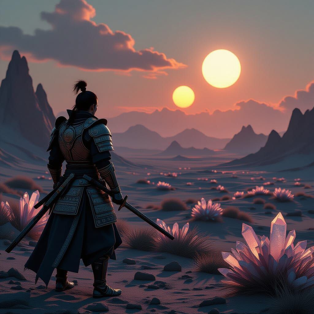 Samurai on Alien Planet Gazing at Twin Suns