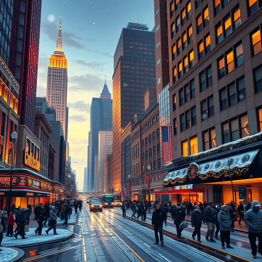 Vibrant Christmas Cityscape at Dusk in Cubist Style