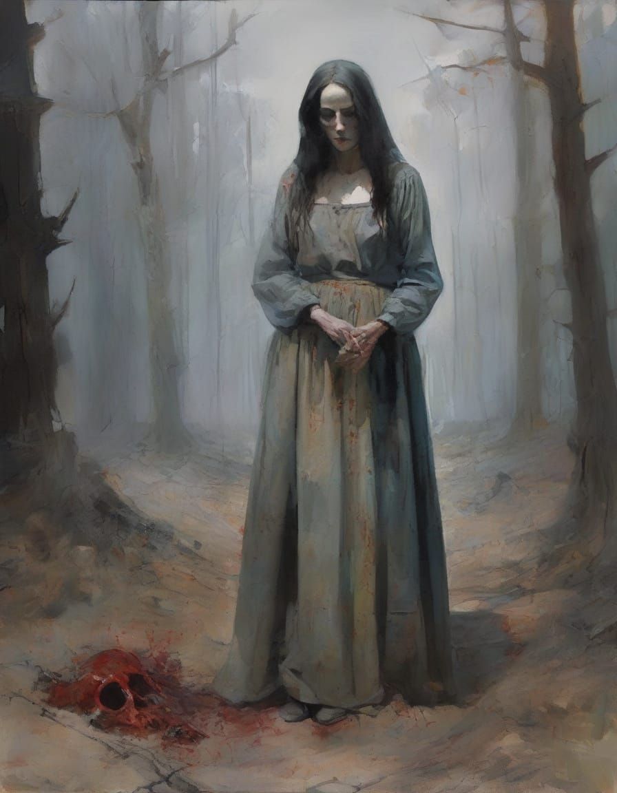 A Haunted Gravedigger Woman in a Somber, Spectral Portrait