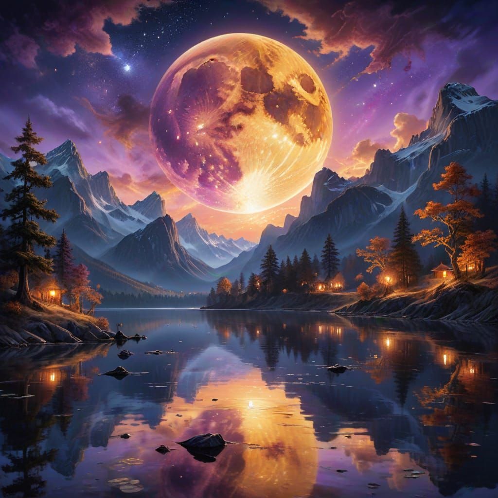 Golden Moon Double Exposure Airbrush Painting