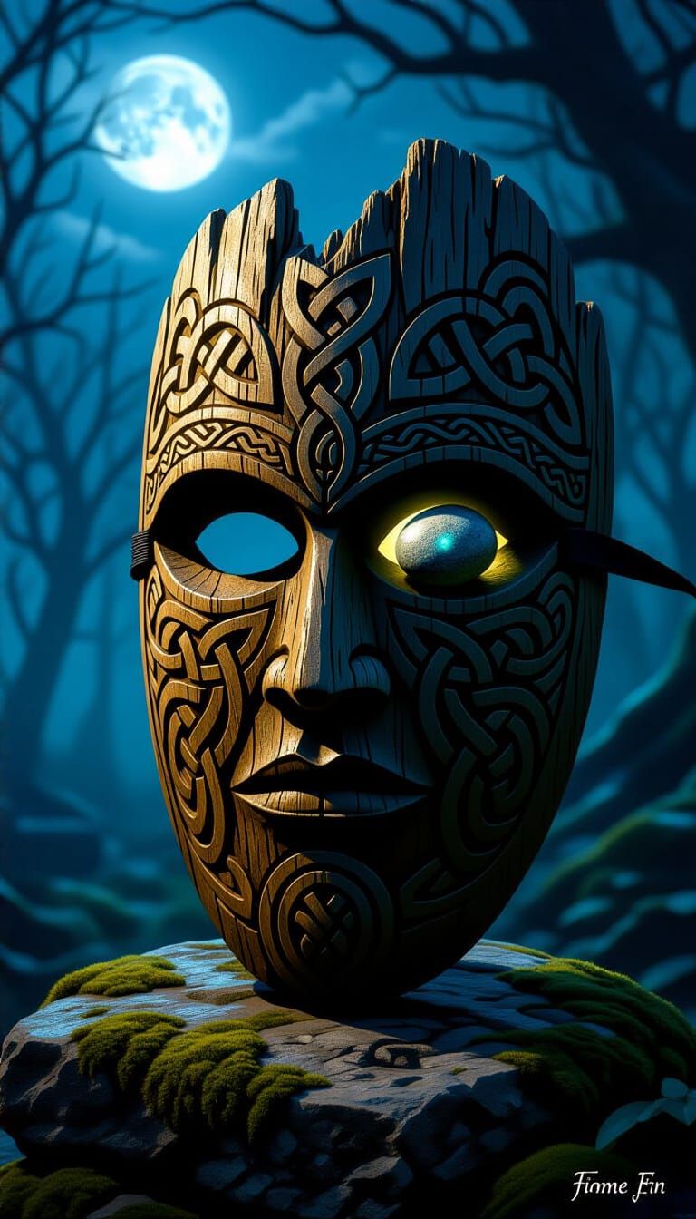 Bog Oak Mask with Celtic Knots and Ogham Script