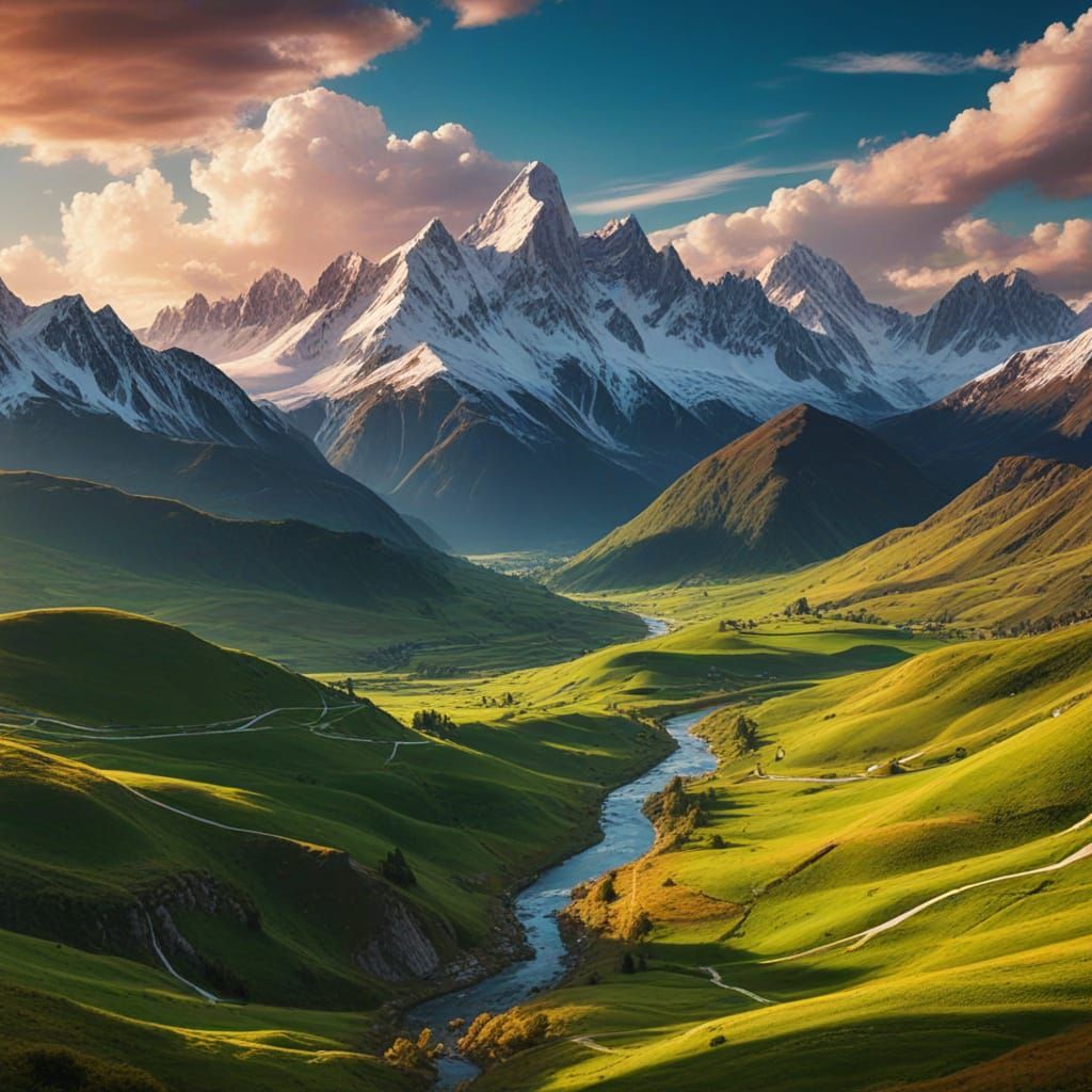 Fantasy Mountain Range in Oil Painting Style