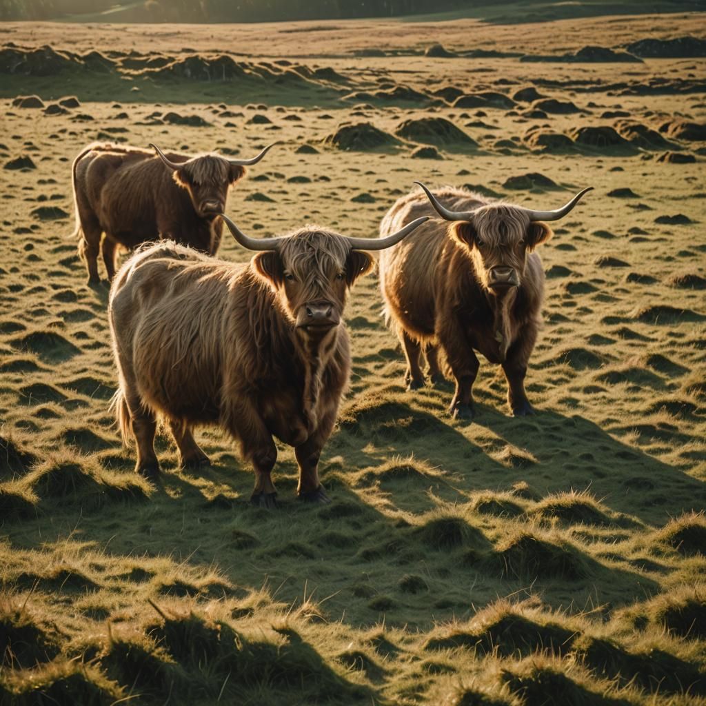 Highland Cows in Golden Hour: Cinematic Film Still