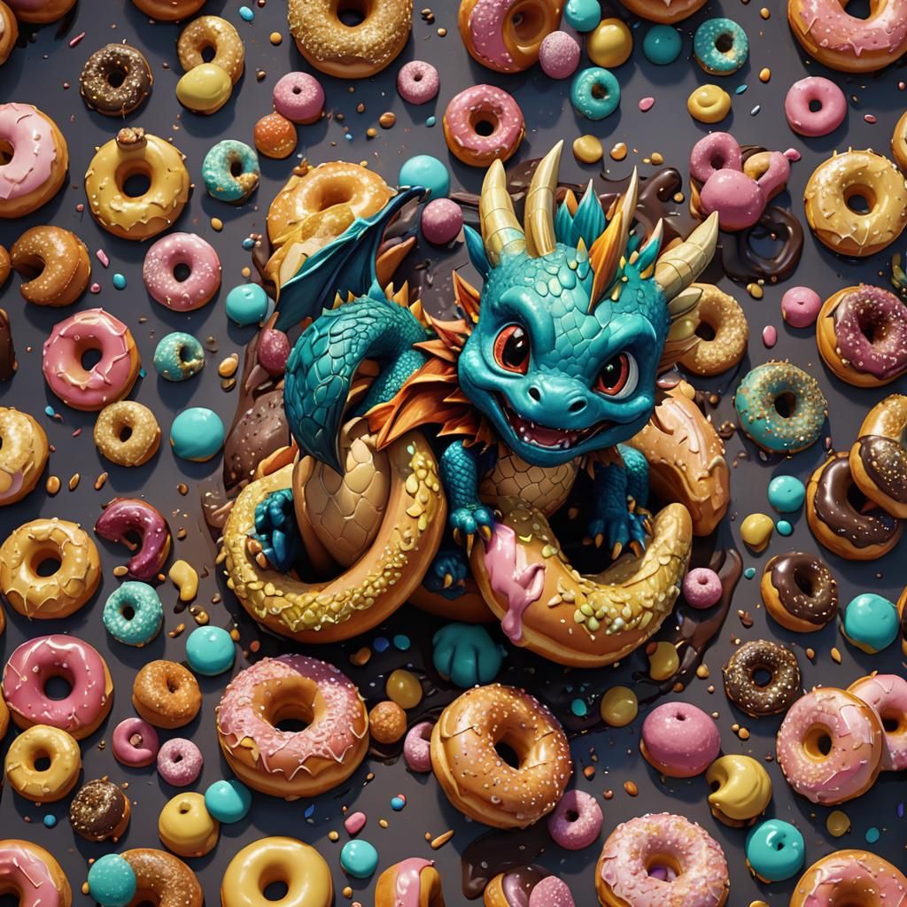 Sweet Baby Dragon on Donut, Detailed Fantasy Art