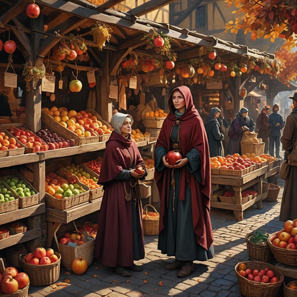 Autumnal Apple Market Stall in Medieval Style