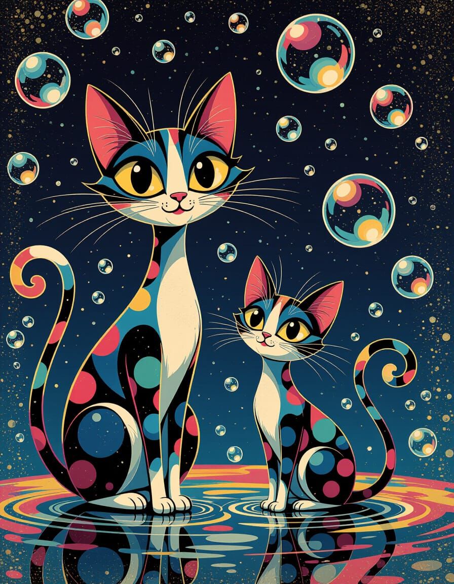 1950s Atomic Style Cats in Abstract Bubble World