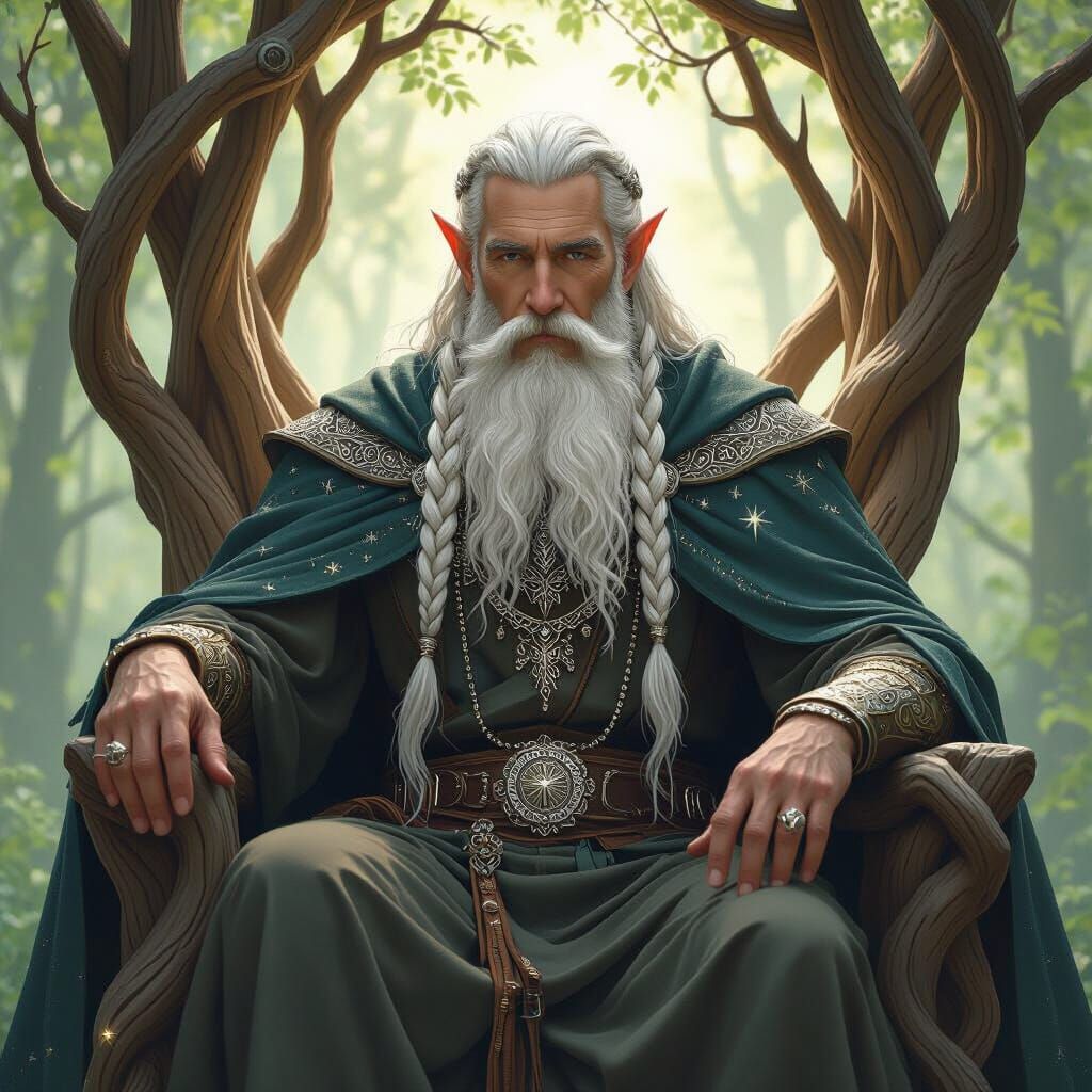 Elven King on Wooden Throne in Art Nouveau Style