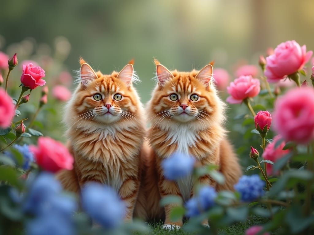 Ginger Persians in a Meadow of Anthurium Flowers