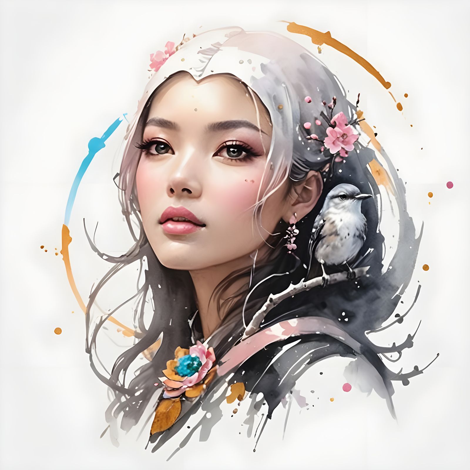 Futuristic Woman with Bird: Sumi-e Style