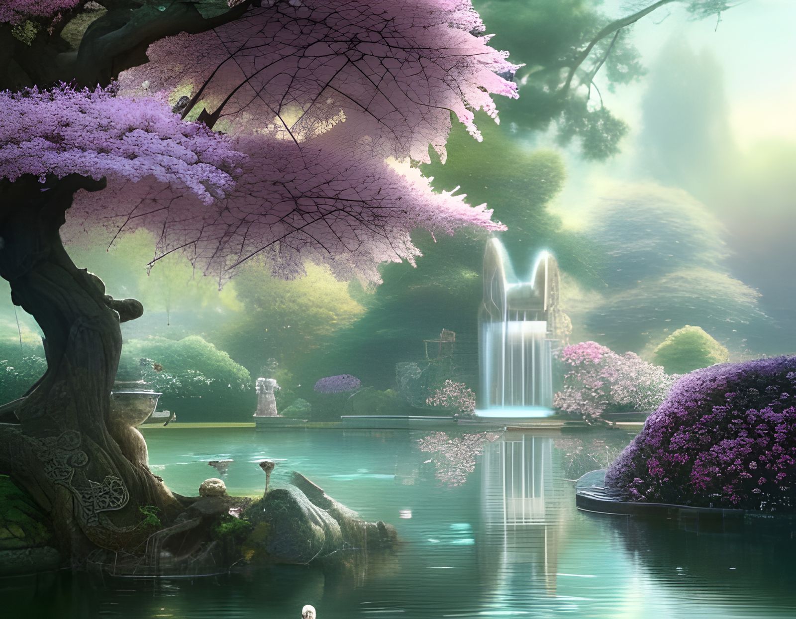 Enchanted Garden with Cherry Blossoms, Digital Art