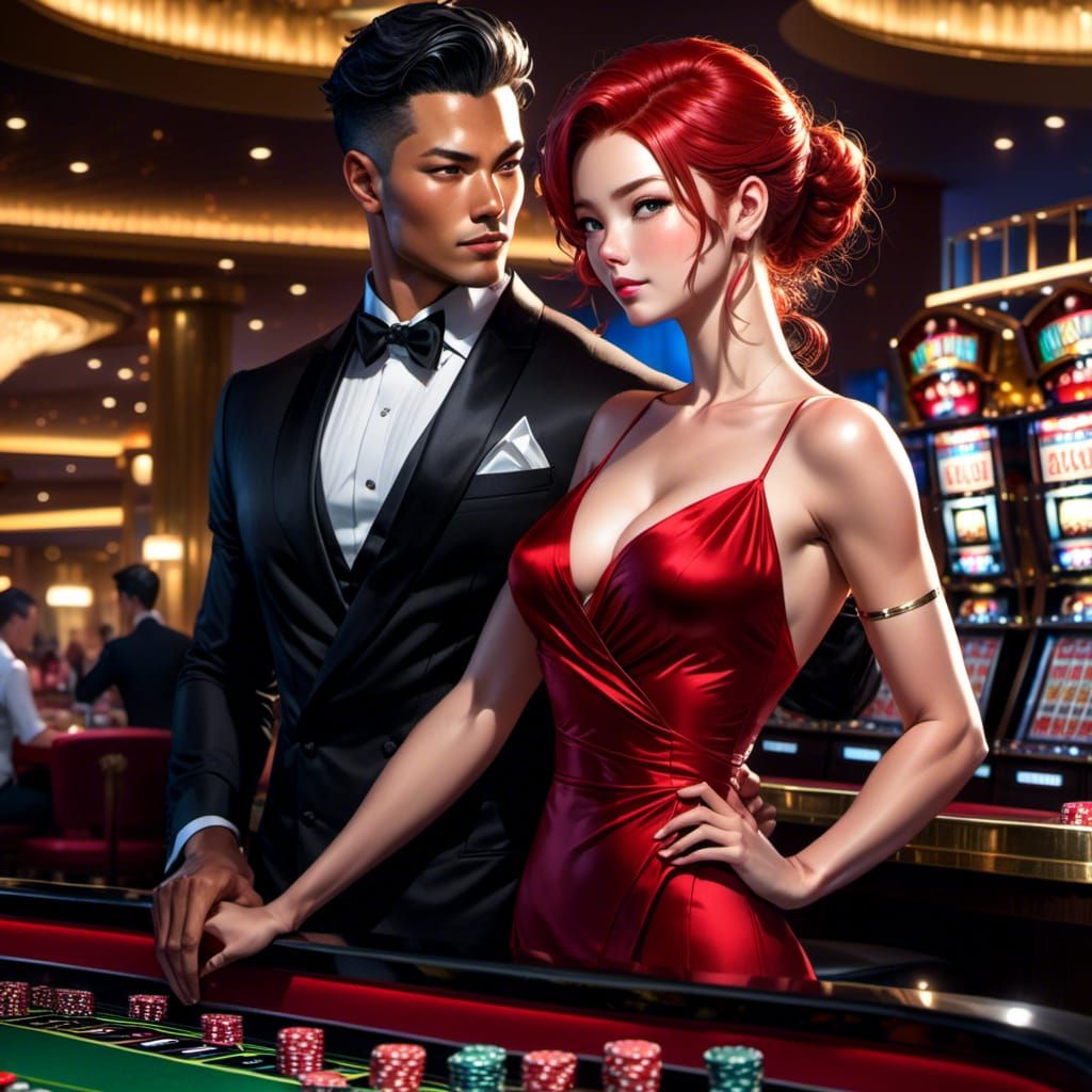 Vibrant Red-Haired Woman at Casino