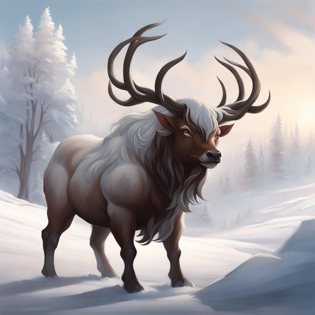 Ethereal Male Cervitaur in Snowy Fantasy Landscape