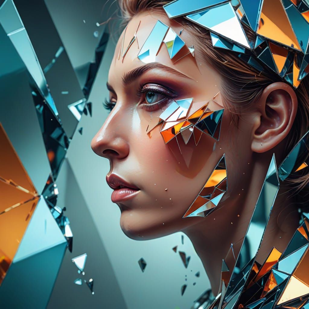 Surreal Portrait with Geometric Mirror Fragments