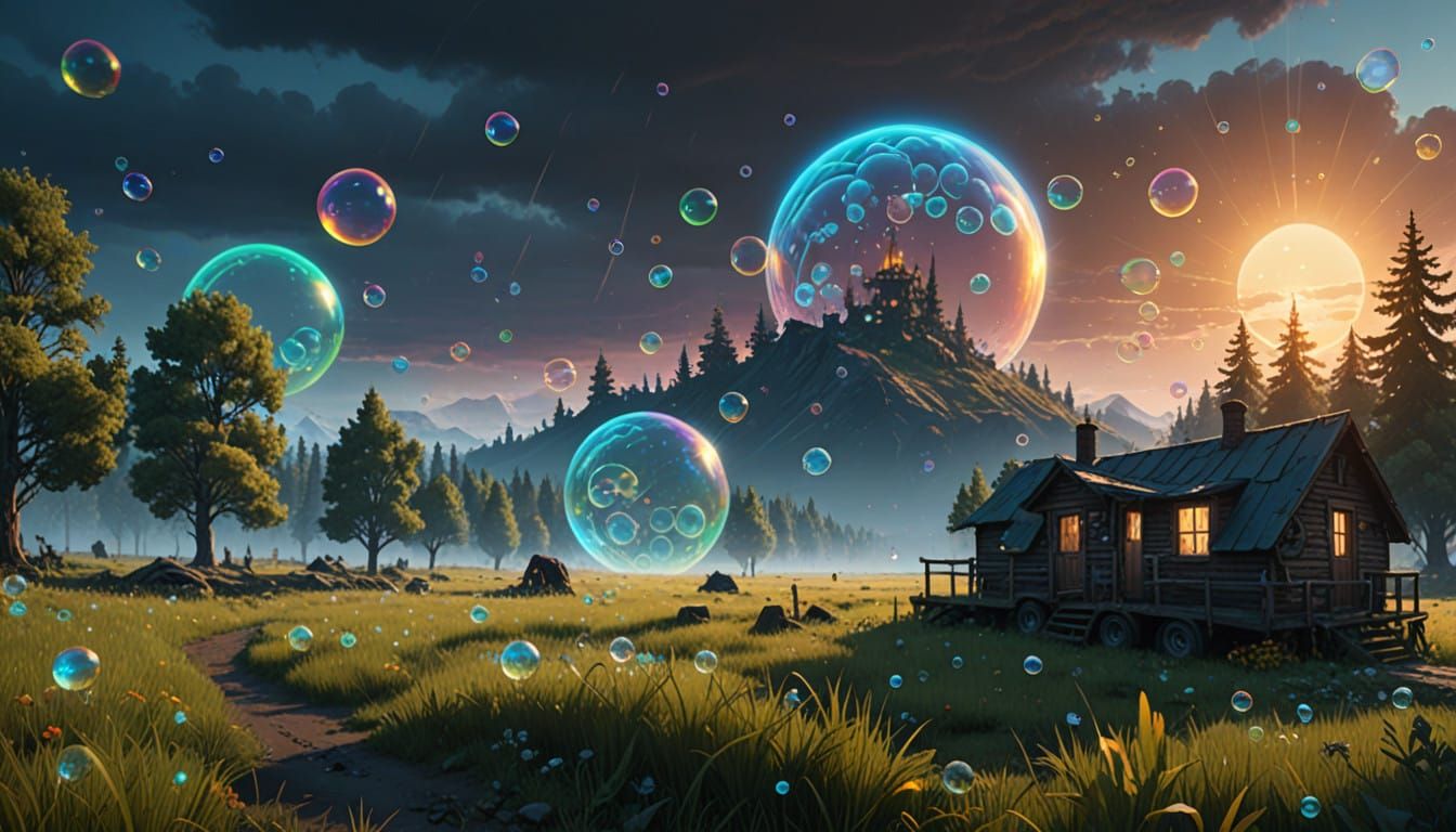 Iridescent Bubbles in a Vibrant Meadow under Electric Blue a...