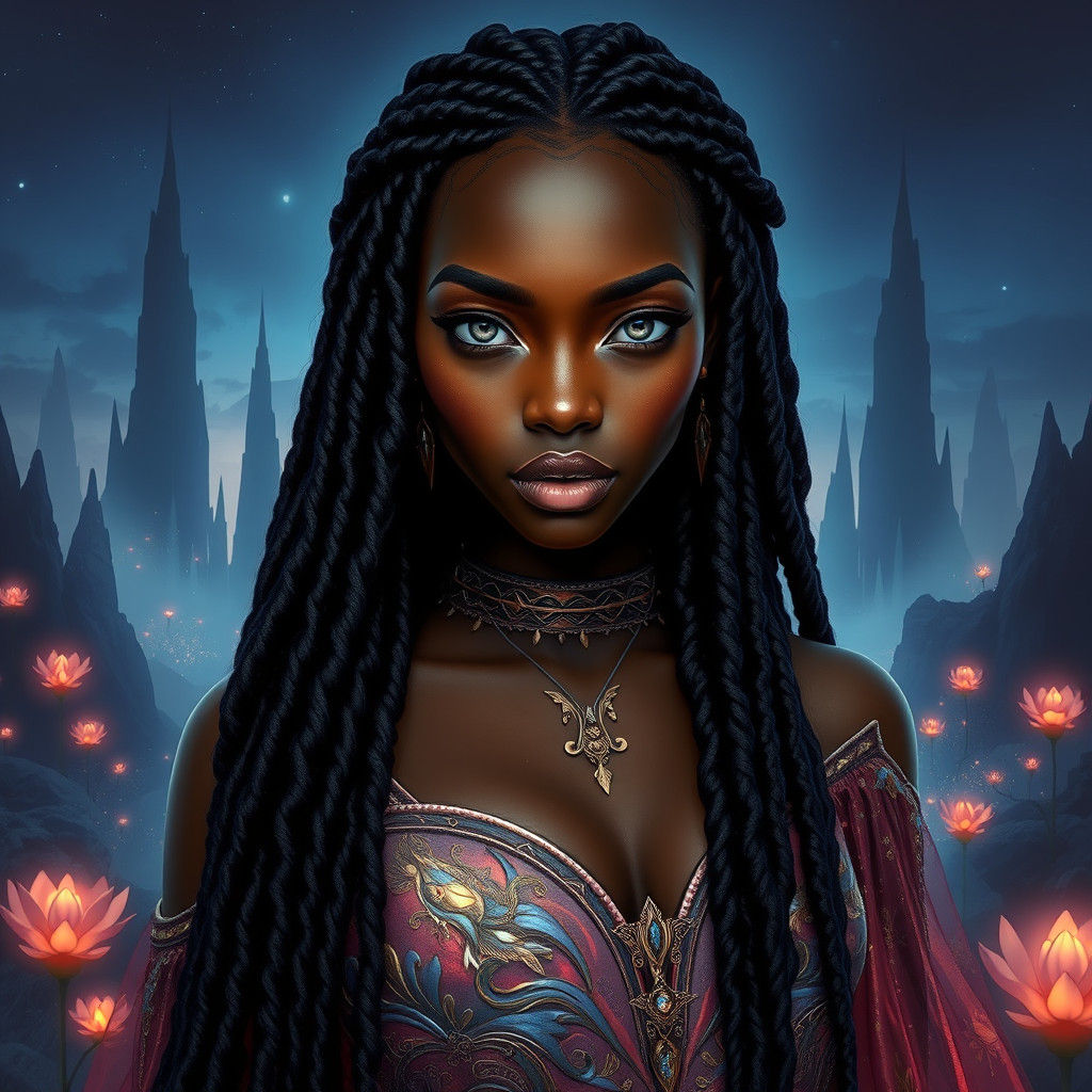 Ethereal Dark-Skinned Princess in Mystical Twilight Realm