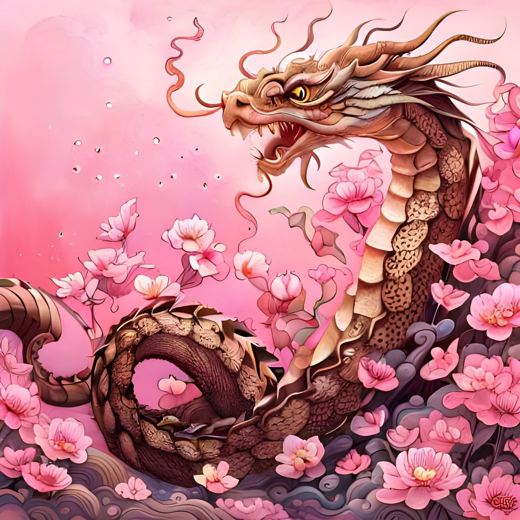 Happy Dragon in Blossoms: Digital Art Portrait