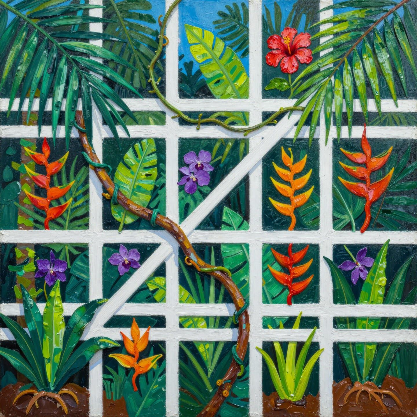 Jungle Grid: Acrylic Painting of Nature's Controlled Chaos
