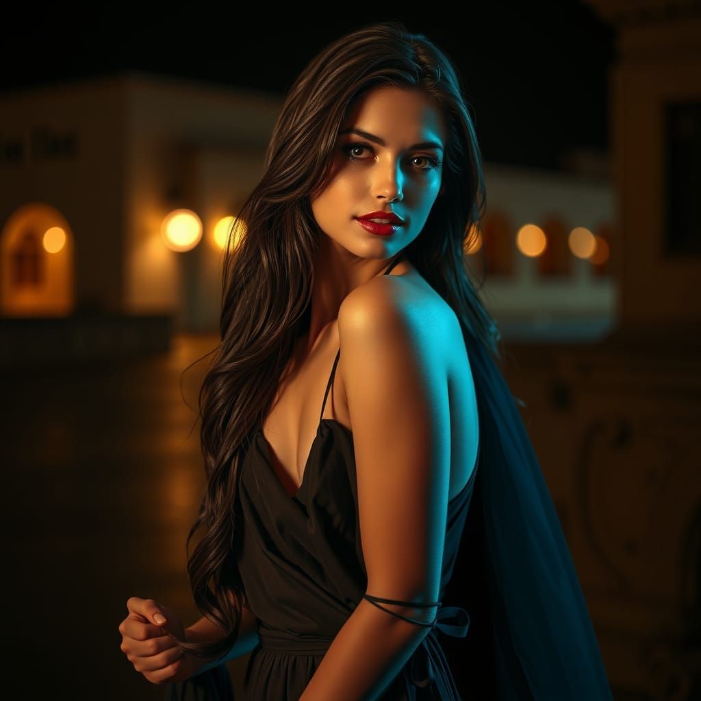 Elegant Greek Girl in Mini Dress at Night