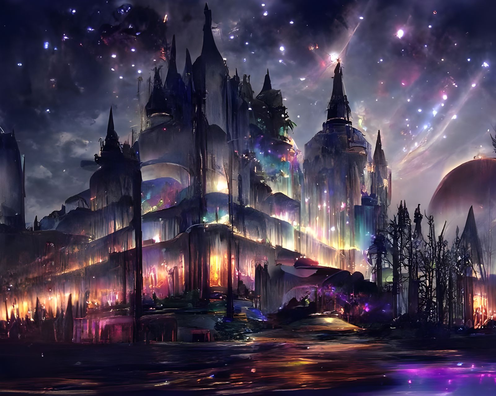 Cosmic Fantasy Castle Under Starry Night Sky