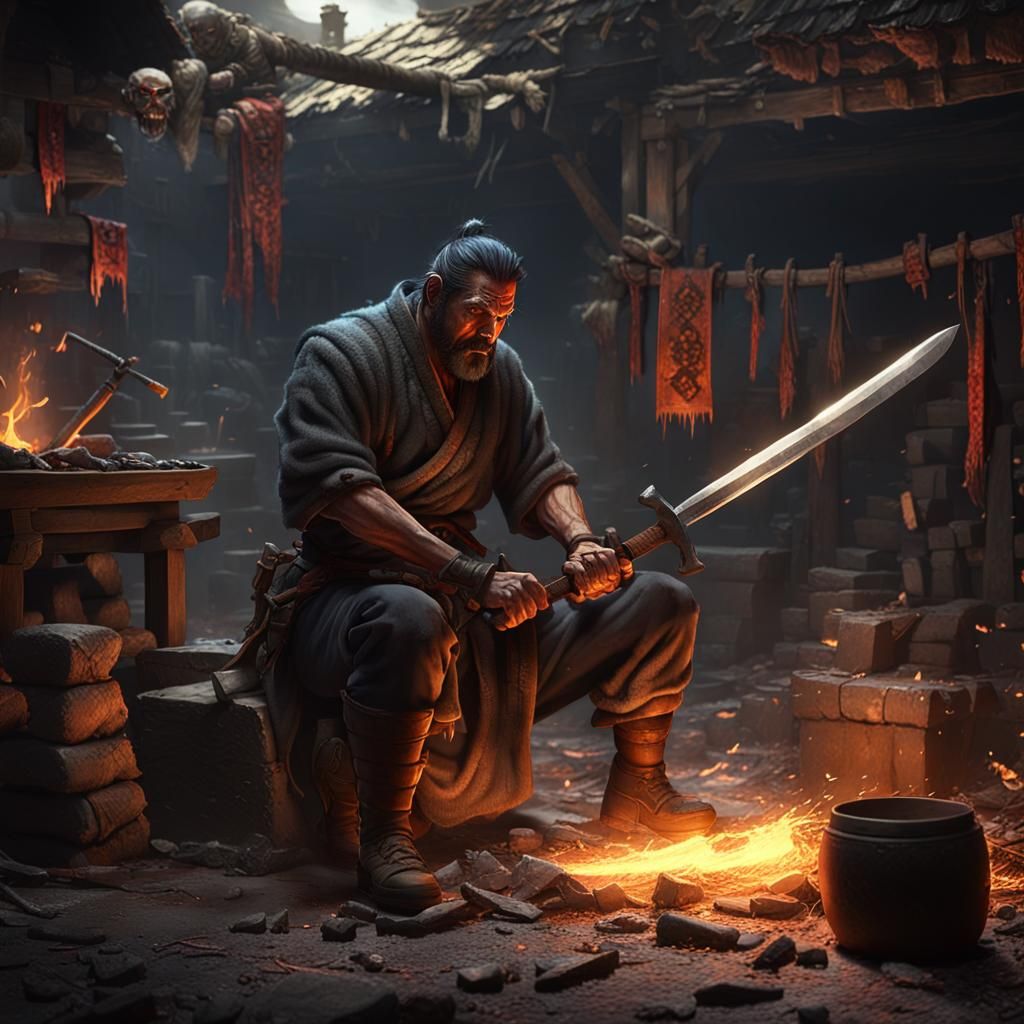 Blacksmith Forging Katana from Fang in Dark Fantasy Art