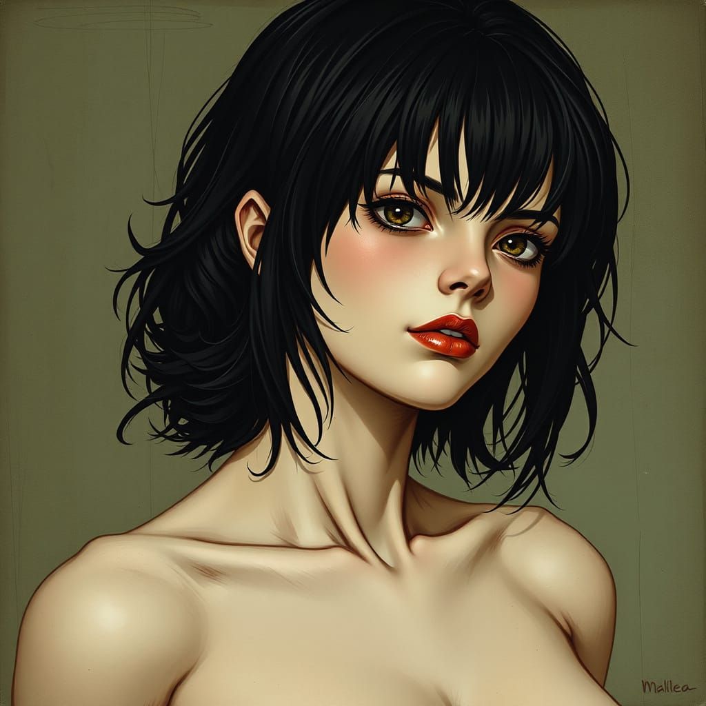 Mikasa Bare-Chested Portrait in Egon Schiele Style