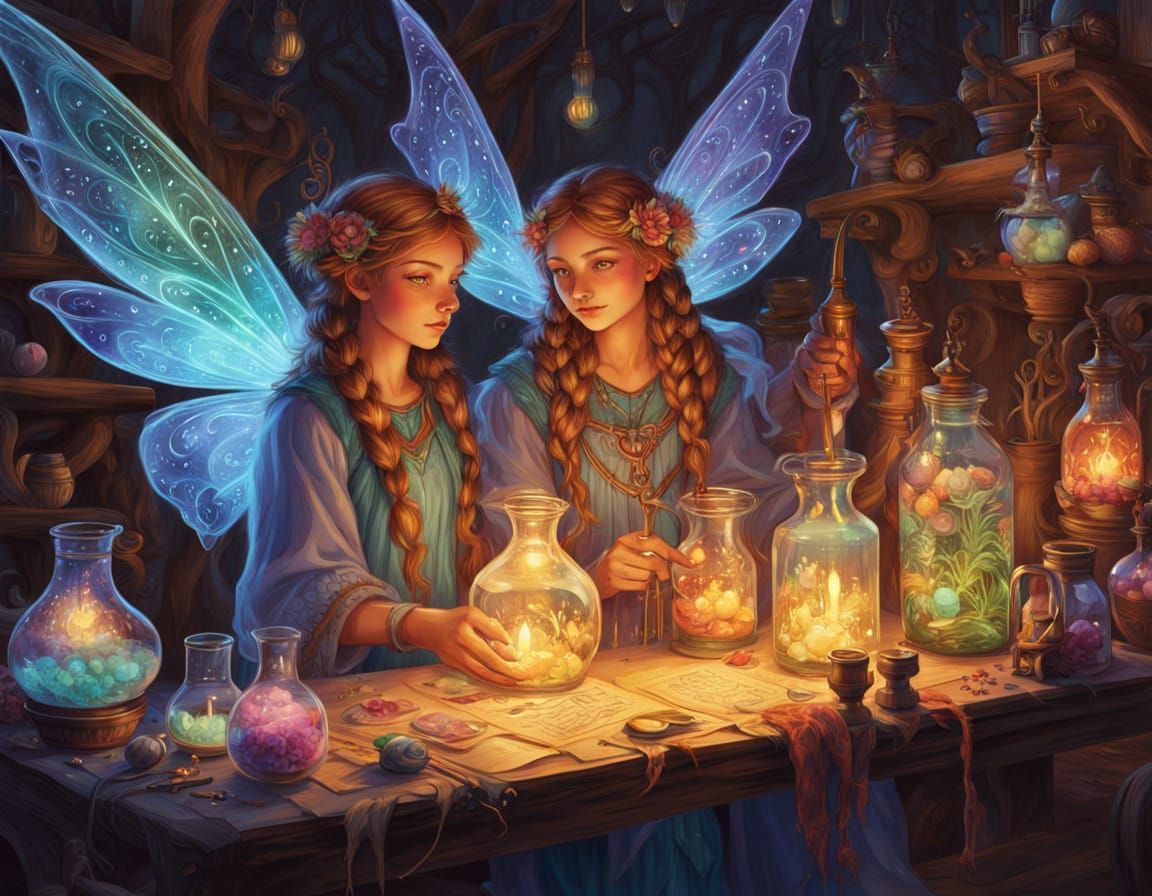 Fairy Girls Crafting Elixir of Good Mood in Magical Bureau