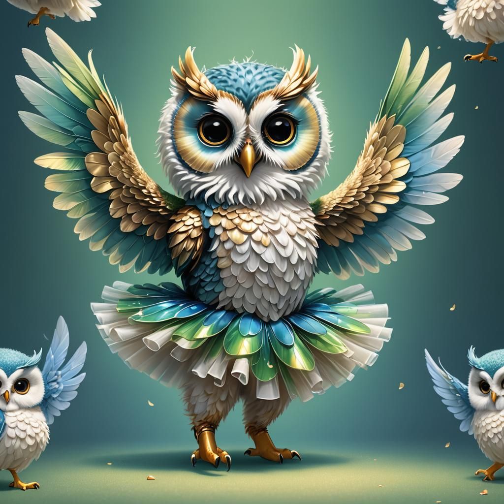 fluffy baby winged anthropomorphic chibi owl wearing ballet ...