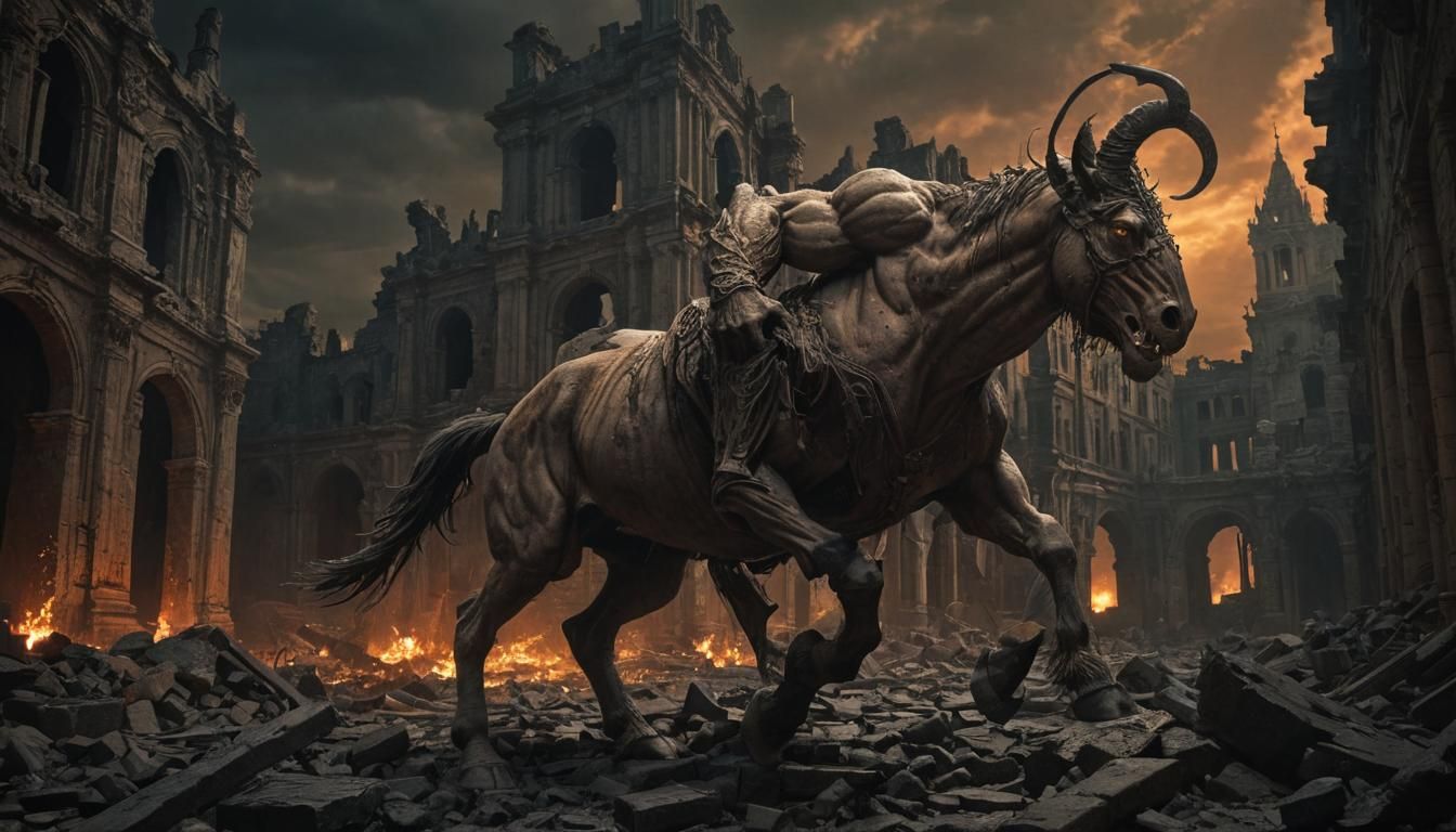 Dark Fantasy Centaur Smashing Through Ancient Ruins