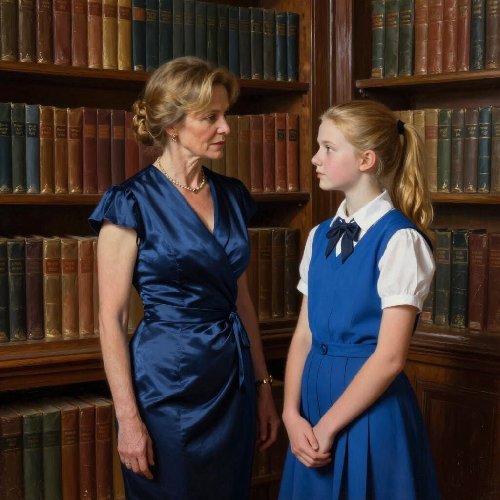 Elegant Teacher and Student in Vintage Library