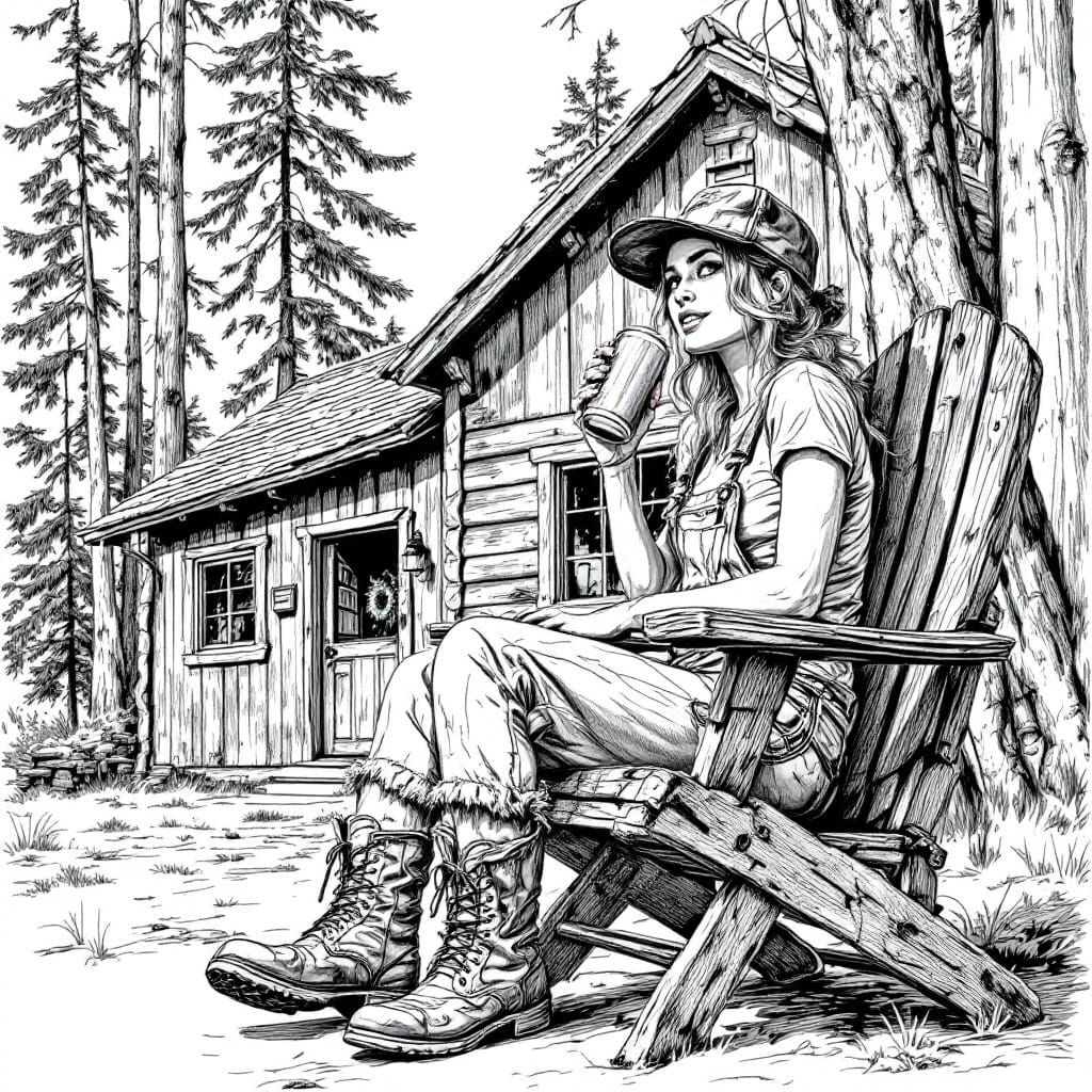 Line Art of Woman in Overalls, Zentangle Style