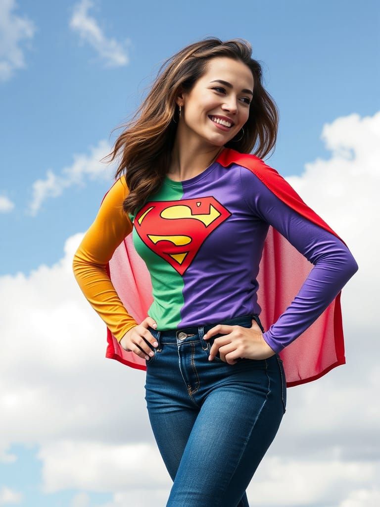 Superhero rainbow wearing red Orange yellow Green blue purple Power of happiness female woman