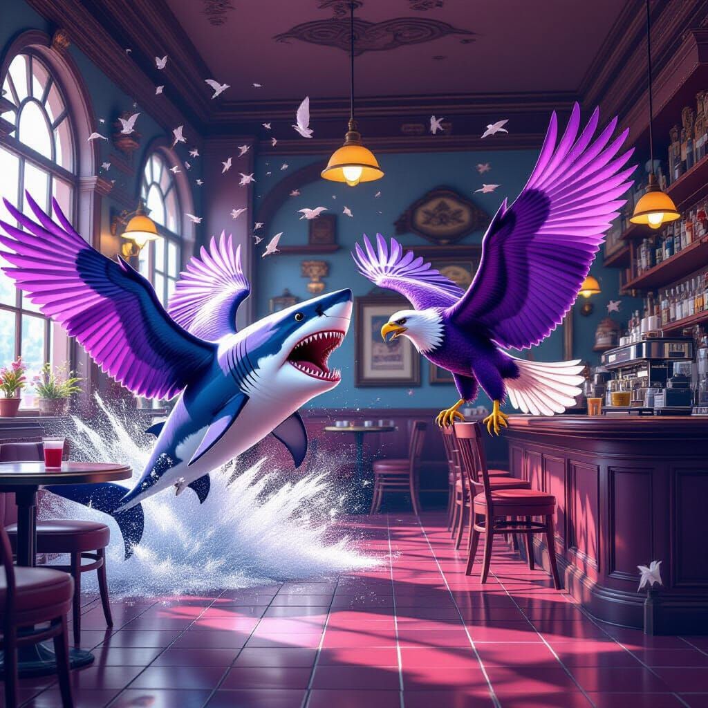 Nightmare Shark Fights Lilac Eagles in Fantastical Cafe