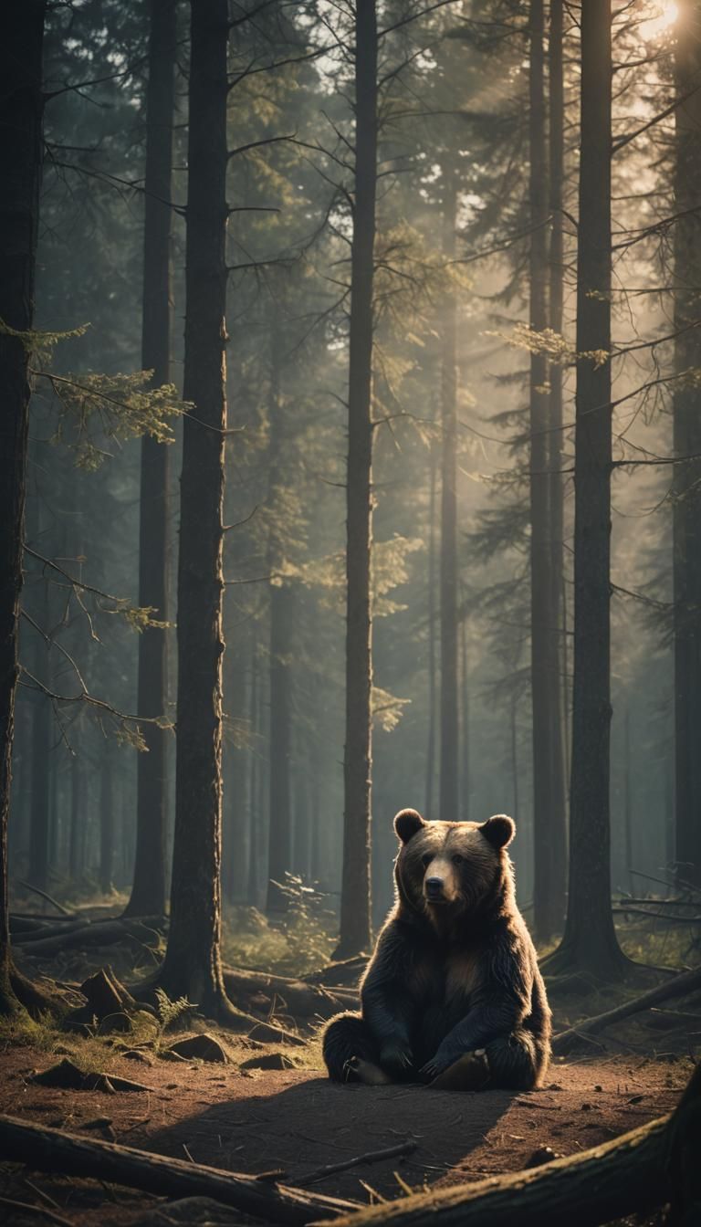 Sad Bear in Dark Forest: Cinematic Film Still