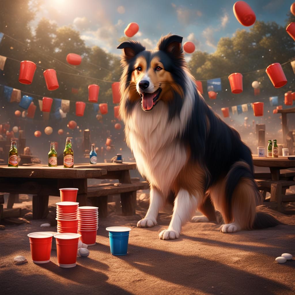 Sable Collie Plays Beer Pong: Detailed Matte Painting