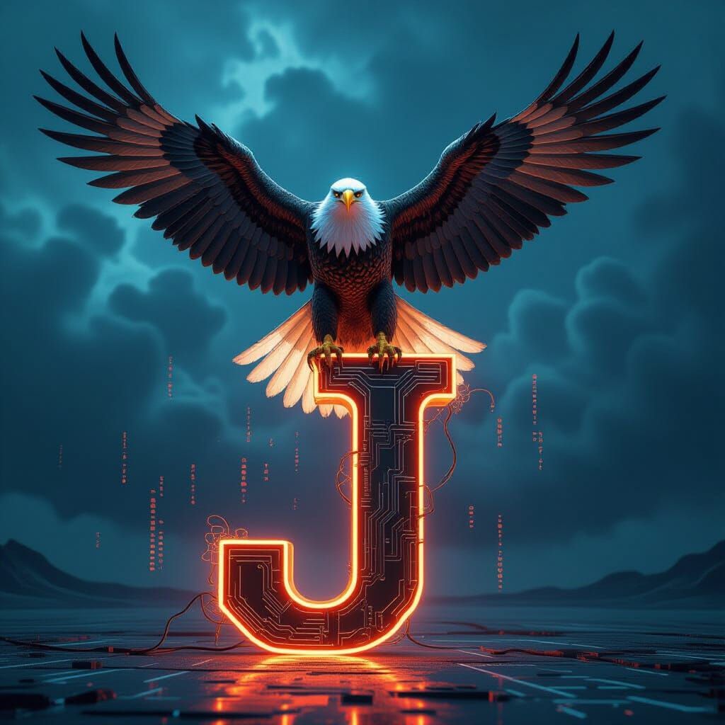 Futuristic Metal Eagle on Techno-Rune J in Dark Fantasy